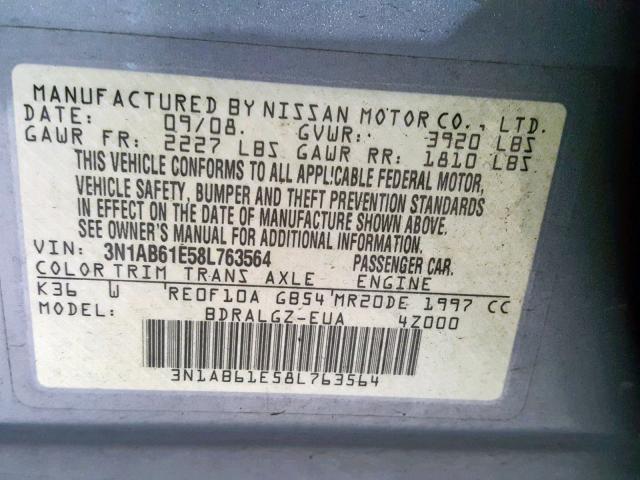 3N1AB61E58L763564 - 2008 NISSAN SENTRA 2.0 GRAY photo 10