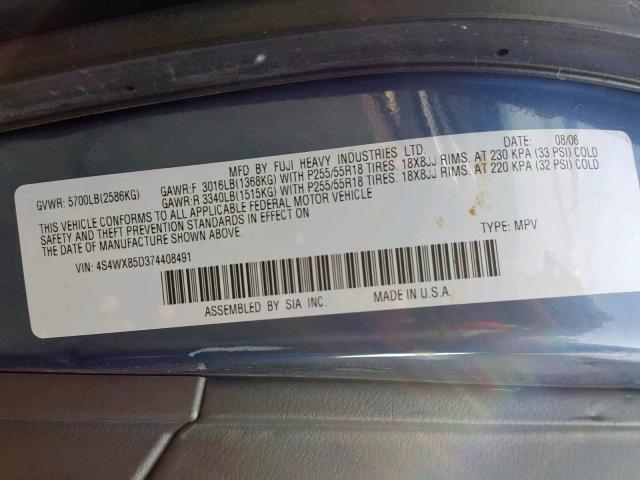 4S4WX85D374408491 - 2007 SUBARU B9 TRIBECA BLUE photo 10