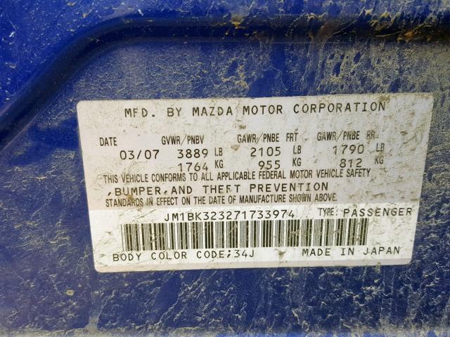 JM1BK323271733974 - 2007 MAZDA 3 S BLUE photo 10