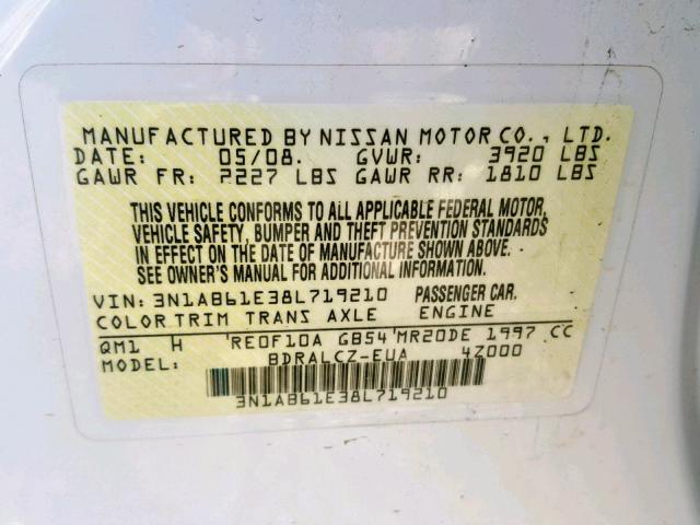 3N1AB61E38L719210 - 2008 NISSAN SENTRA 2.0 WHITE photo 10