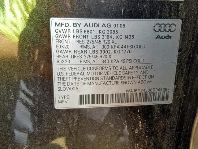 WA1BY74L38D045687 - 2008 AUDI Q7 3.6 QUA BLACK photo 10