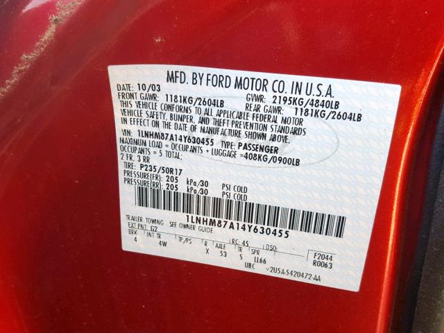 1LNHM87A141630455 - 2004 LINCOLN LS 勃艮第红 照片 10