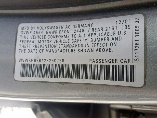 WVWRH63B12P290758 - 2002 VOLKSWAGEN PASSAT GLX SILVER photo 10