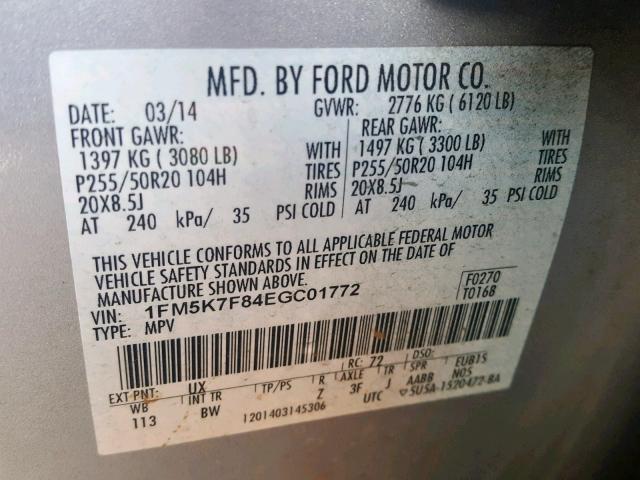 1FM5K7F84EGC01772 - 2014 FORD EXPLORER L SILVER photo 10