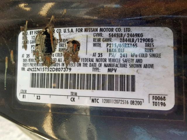 4N2ZN15T52D807379 - 2002 NISSAN QUEST GXE BLUE photo 10