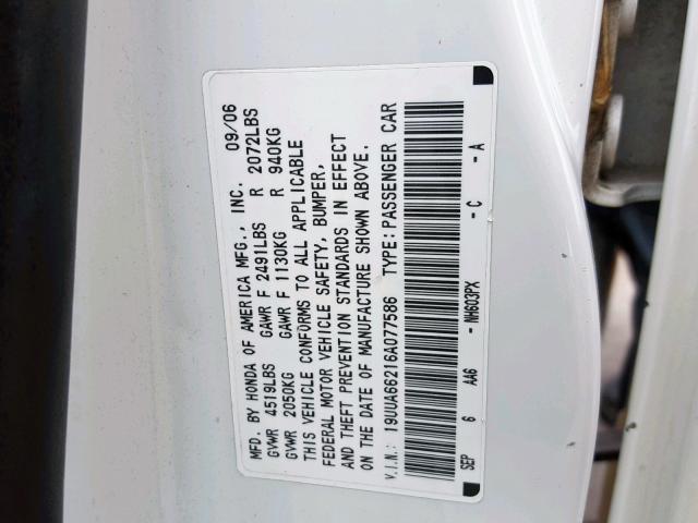 19UUA66216A077586 - 2006 ACURA 3.2TL WHITE photo 10