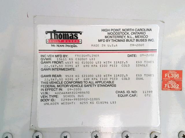 4UZAAXAK81CH88650 - 2001 FREIGHTLINER CHASSIS FS ყვითელი ფოტო 10