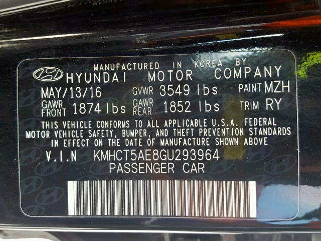 KMHCT5AE8GU293964 - 2016 HYUNDAI ACCENT SE BLACK photo 10