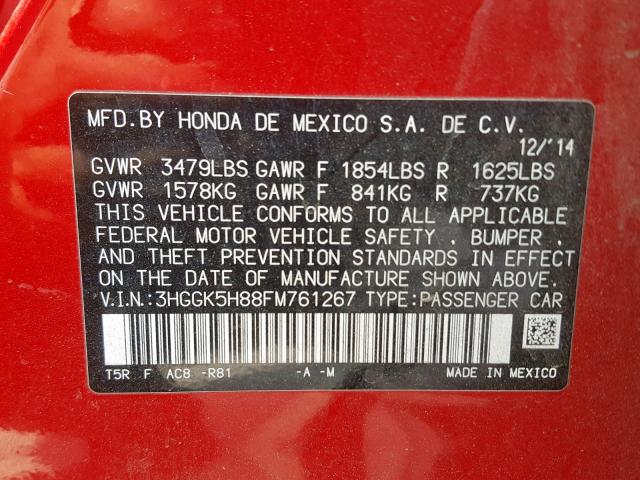 3HGGK5H88FM761267 - 2015 HONDA FIT EX RED photo 10