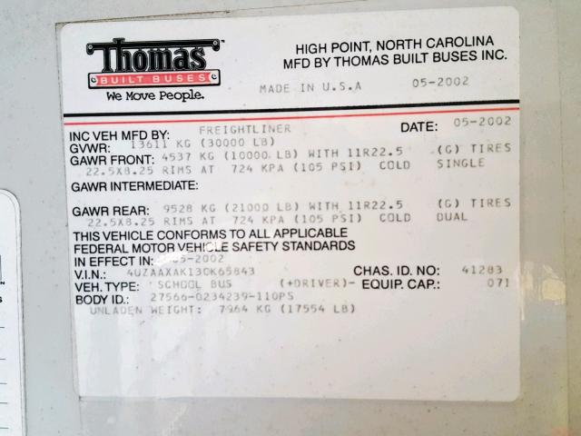 4UZAAXAK13CK65843 - 2003 FREIGHTLINER CHASSIS FS 黄色 照片 10