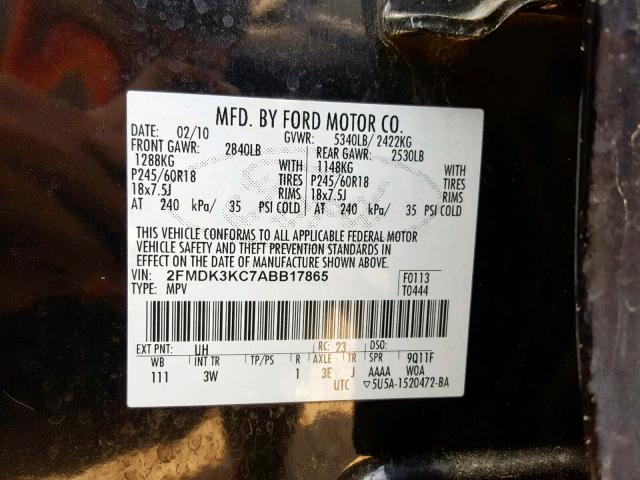 2FMDK3KC7ABB17865 - 2010 FORD EDGE LIMIT BLACK photo 10