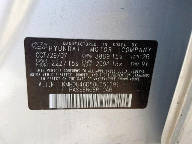 KMHDU46D88U351391 - 2008 HYUNDAI ELANTRA GL SILVER photo 10