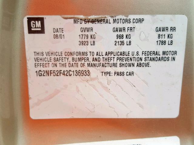 1G2NF52F42C136933 - 2002 PONTIAC GRAND AM S SILVER photo 10