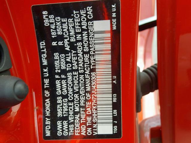 SHHFK7H72JU430306 - 2018 HONDA CIVIC EXL Qırmızı foto 10