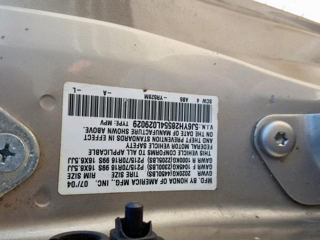 5J6YH28554L029029 - 2004 HONDA ELEMENT EX SILVER photo 10