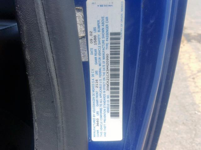 3VWCK21CX3M420990 - 2003 VOLKSWAGEN NEW BEETLE ლურჯი ფოტო 10