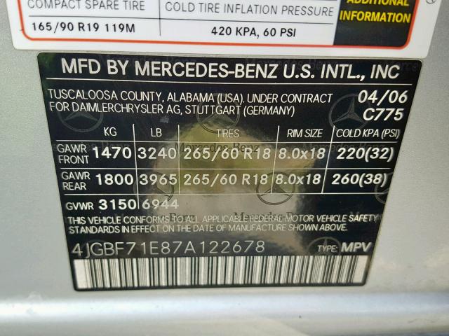 4JGBF71E87A122678 - 2007 MERCEDES-BENZ GL 450 4MA SILVER photo 10