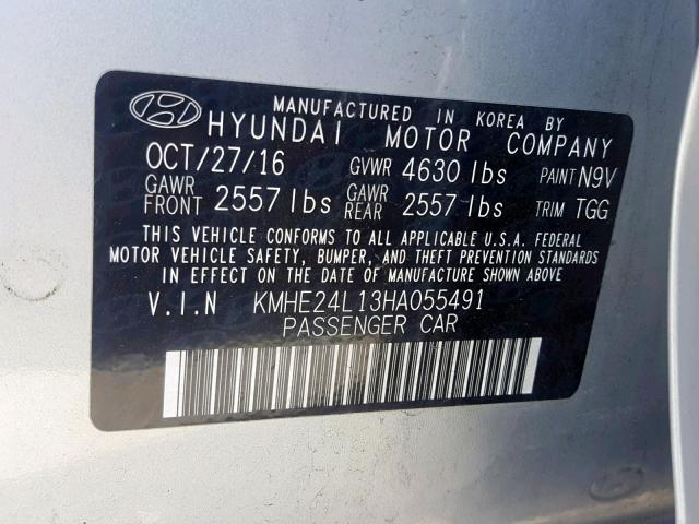 KMHE24L13HA055491 - 2017 HYUNDAI SONATA HYB SILVER photo 10