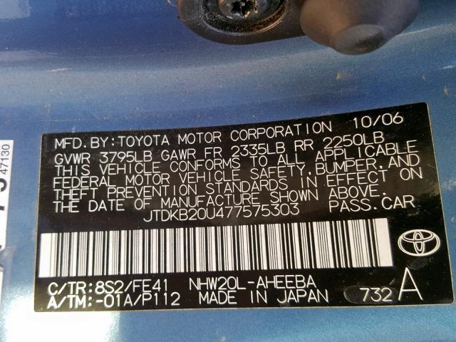 JTDKB20U477575303 - 2007 TOYOTA PRIUS BLUE photo 10