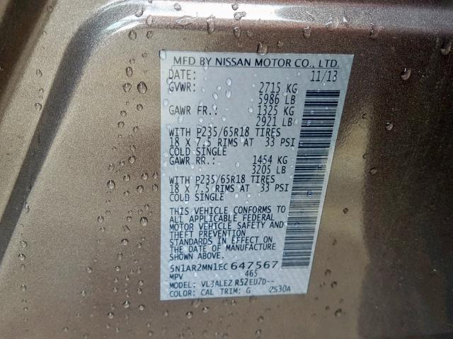 5N1AR2MN1EC647567 - 2014 NISSAN PATHFINDER GRAY photo 10