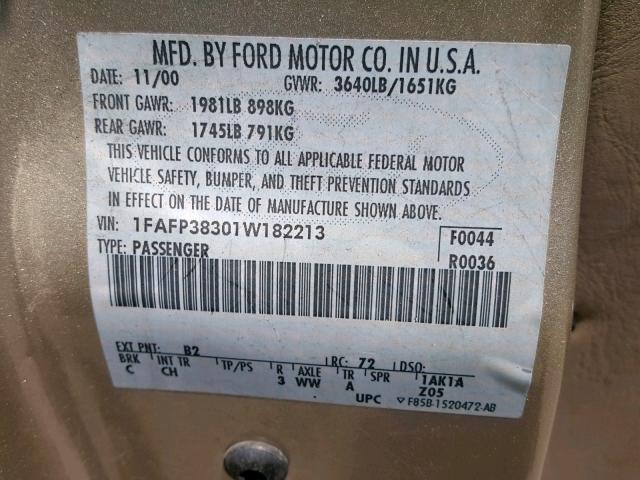 1FAFP38301W182213 - 2001 FORD FOCUS ZTS GOLD photo 10