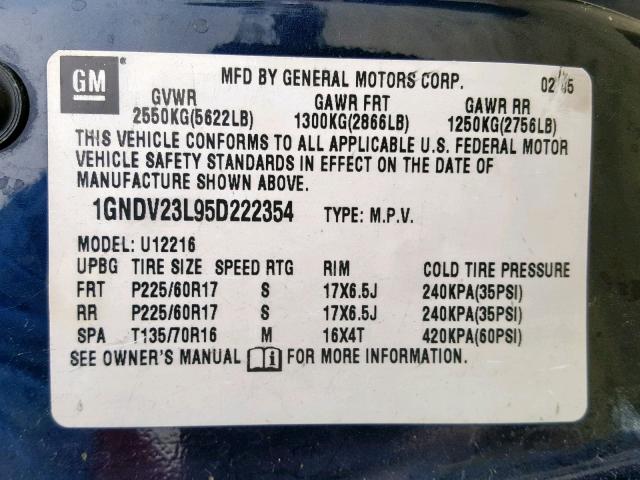 1GNDV23L95D222354 - 2005 CHEVROLET UPLANDER L 蓝色 照片 10