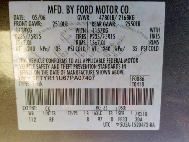 1FTYR11U67PA07407 - 2007 FORD RANGER GRAY photo 10