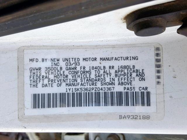 1Y1SK5362PZ043367 - 1993 GEO PRIZM BASE WHITE photo 10