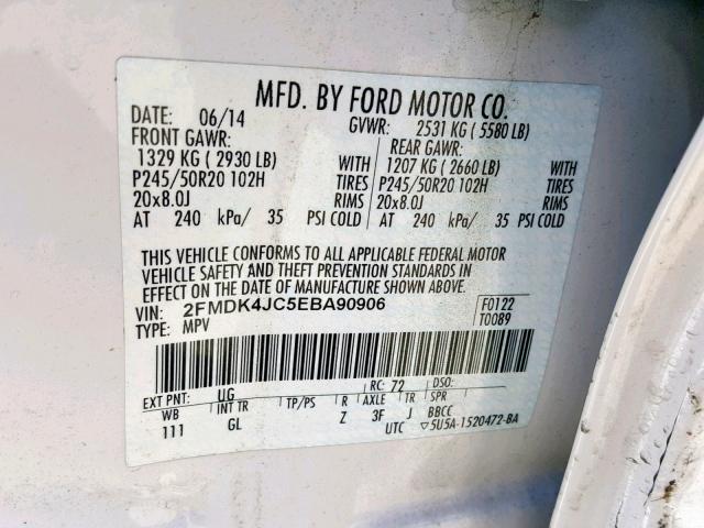 2FMDK4JC5EBA90906 - 2014 FORD EDGE SEL WHITE photo 10