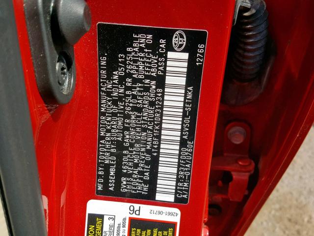 4T4BF1FK1DR312348 - 2013 TOYOTA CAMRY L RED photo 10