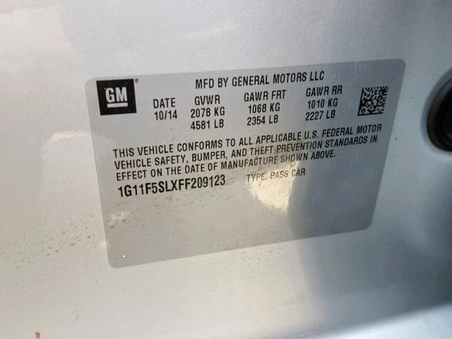 1G11F5SLXFF209123 - 2015 CHEVROLET MALIBU LTZ ვერცხლისფერი ფოტო 10