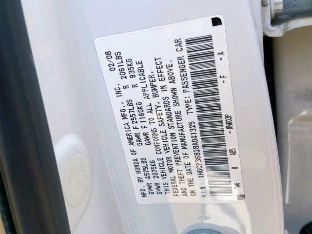 1HGCP36828A041325 - 2008 HONDA ACCORD EXL WHITE photo 10