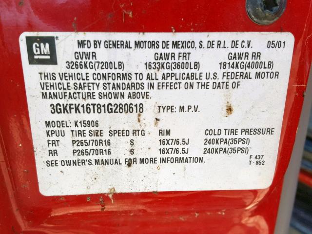 3GKFK16T81G280618 - 2001 GMC YUKON XL K RED photo 10