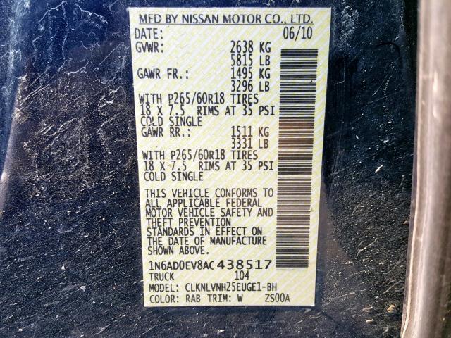 1N6AD0EV8AC438517 - 2010 NISSAN FRONTIER C BLUE photo 10