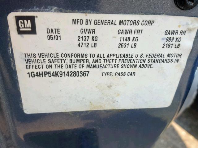 1G4HP54K914280367 - 2001 BUICK LESABRE CU BLUE photo 10