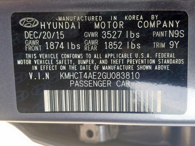 KMHCT4AE2GU083810 - 2016 HYUNDAI ACCENT SE GRAY photo 10