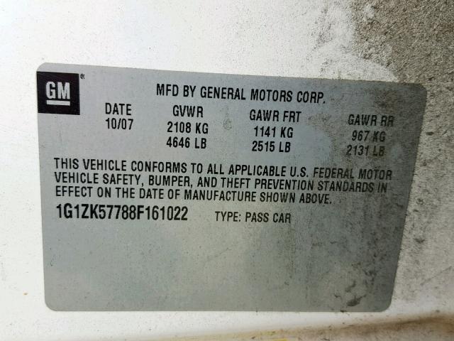 1G1ZK57788F161022 - 2008 CHEVROLET MALIBU LTZ 白色 照片 10