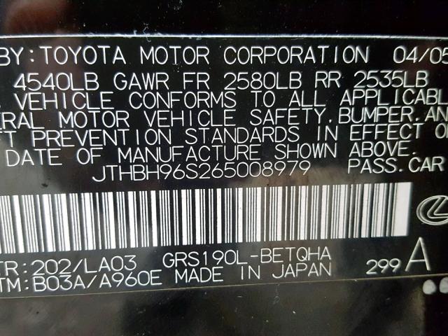 JTHBH96S265008979 - 2006 LEXUS GS 300 BLACK photo 10