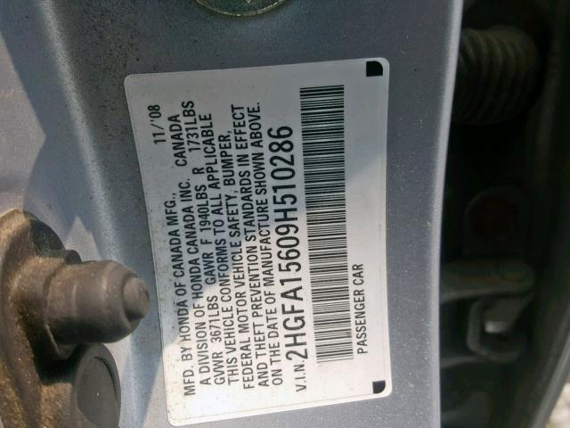 2HGFA15609H510286 - 2009 HONDA CIVIC LX-S Արծաթագույն լուսանկար 10