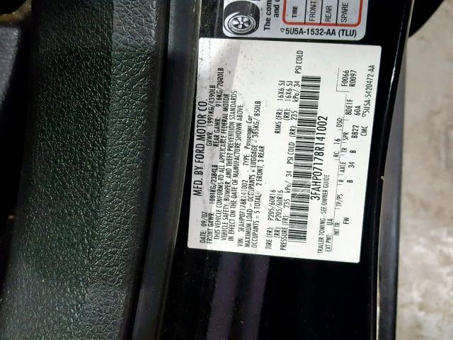 3FAHP07178R141002 - 2008 FORD FUSION SE BLACK photo 10