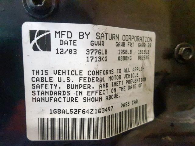 1G8AL52F64Z163497 - 2004 SATURN ION LEVEL GREEN photo 10