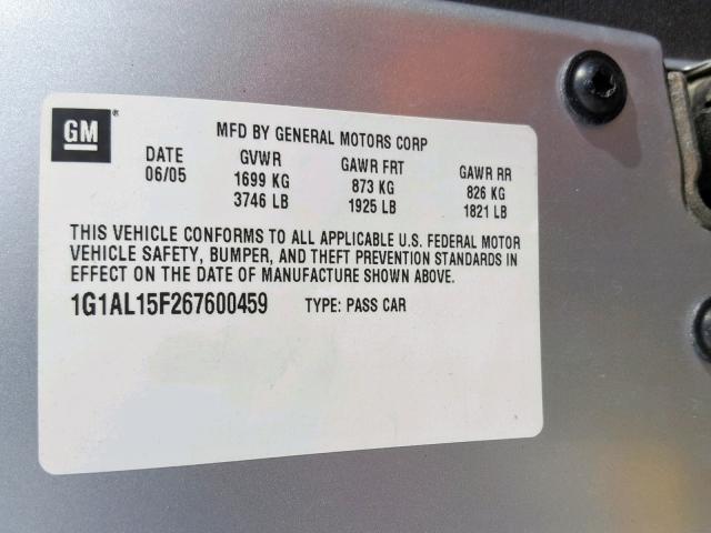 1G1AL15F267600459 - 2006 CHEVROLET COBALT LT SILVER photo 10