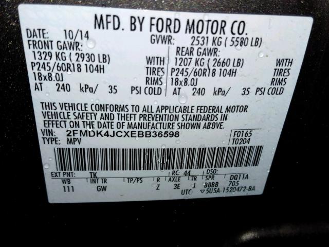 2FMDK4JCXEBB36598 - 2014 FORD EDGE SEL GRAY photo 10