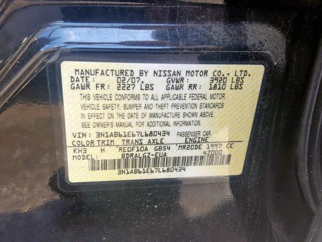 3N1AB61E67L680434 - 2007 NISSAN SENTRA 2.0 BLACK photo 10