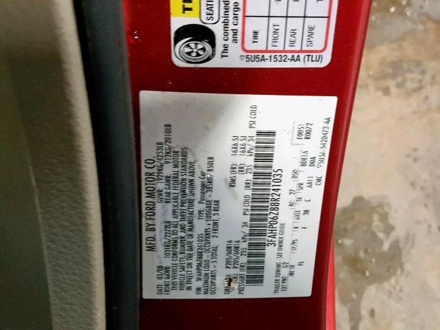 3FAHP06Z88R241035 - 2008 FORD FUSION S RED photo 10