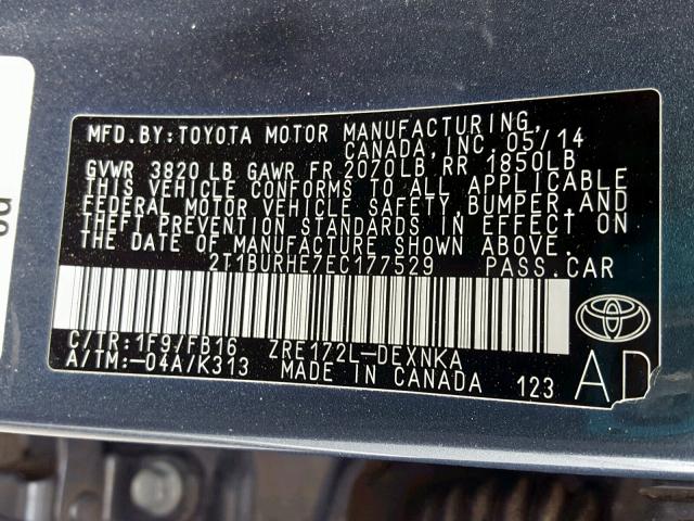 2T1BURHE7EC177529 - 2014 TOYOTA COROLLA L GRAY photo 10