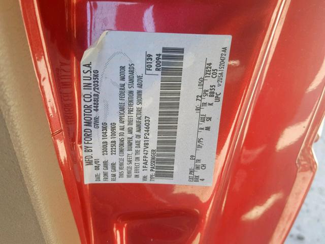 1FAFP47V81F246037 - 2001 FORD MUSTANG CO RED photo 10