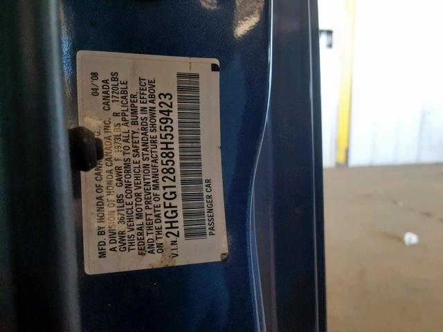 2HGFG12858H559423 - 2008 HONDA CIVIC EX BLUE photo 10