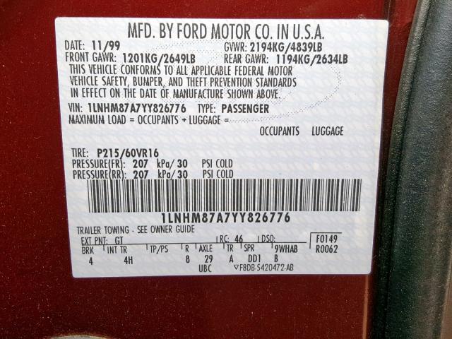 1LNHM87A7YY826776 - 2000 LINCOLN LS BURGUNDY photo 10