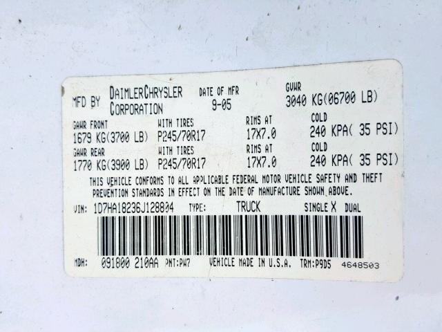 1D7HA18236J128804 - 2006 DODGE RAM 1500 S WHITE photo 10